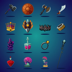 Legendary asset. Set of magic items and resource for computer fantasy game. Isolated cartoon icons set.