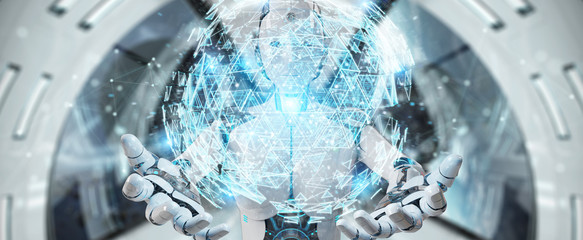 White robot woman using digital triangle exploding sphere hologram 3D rendering