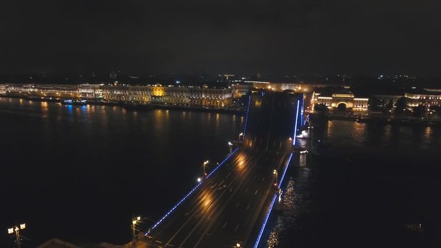 Aerial view Bridge with illumination. City night scene with illuminated drawbridge over river.Saint Petersburg,Russia.
