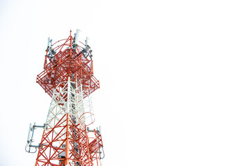 Close up communication tower top. Radio antenna Tower , microwave antenna tower on light sky background. wireless technology concept. communication development concept. image for objects and article.
