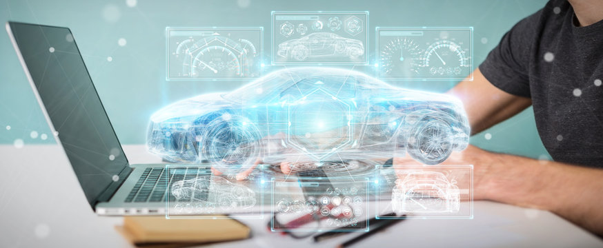 Graphic designer using modern smart car interface 3D rendering