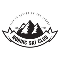 Vintage ski or winter sports logo, badge, emblem, design element. Vector illustration. Monochrome Graphic Art.