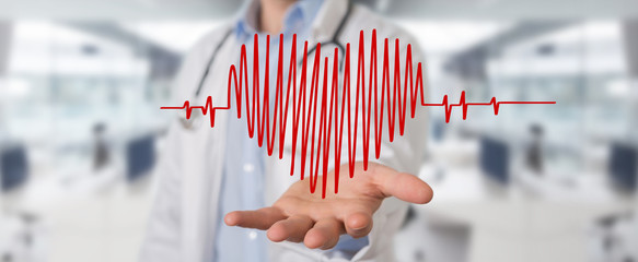 Doctor holding heartbeat digital interface 3D rendering - obrazy, fototapety, plakaty