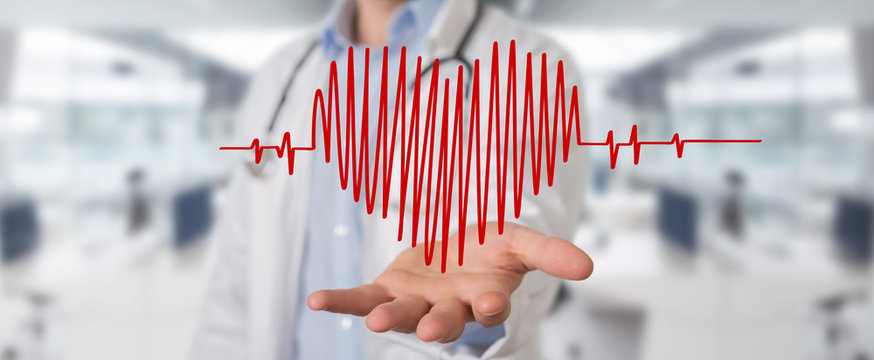 Doctor holding heartbeat digital interface 3D rendering