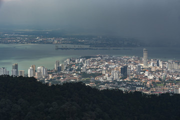 Aerial panorama of Georges town, the biggest city of the Penang island in Malaysia view from Penang hills