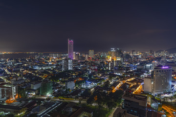 Fototapeta na wymiar Aerial view of Penang night cityscape with illuminated building and busy circulation streets