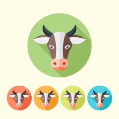 Cow head vector flat round icons with long shadow