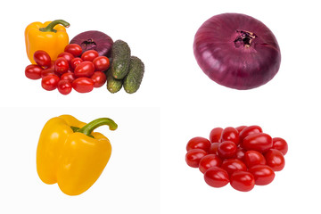 Onions, cucumber, tomato, pepper on the isolated background