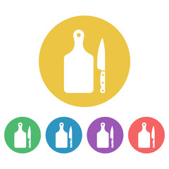 Cutting board and knife vector colored round icons