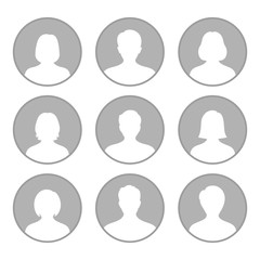 set of male and female silhouettes of avatar in gray circle on white background