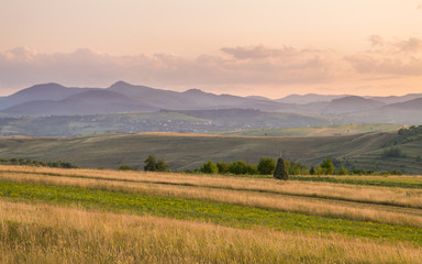 Fototapeta na wymiar Meadow Hills and Mountains Landscape at Sunset