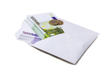 European banknotes in an envelope on the isolated background