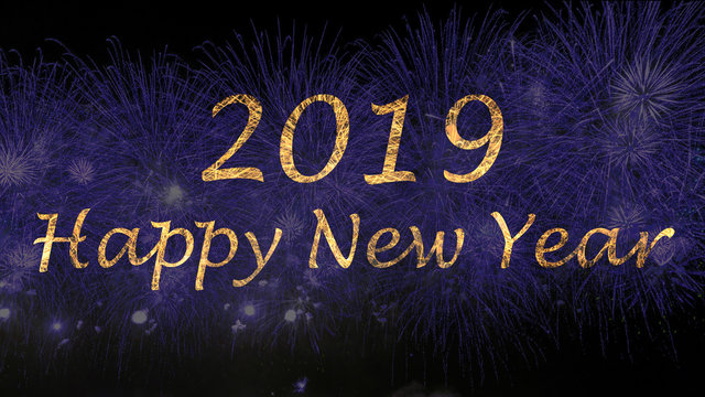 Happy New Year 2019 celebration blue color fireworks. New year and holidays concept. 