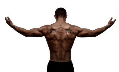 Fototapeta na wymiar Rear view, silhouette of healthy young sports man with his arms stretched out, isolated on white background