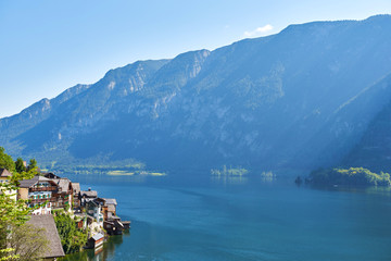 Obraz premium Hallstatt village on Hallstatter lake in Austrian Alps. Neutral colors