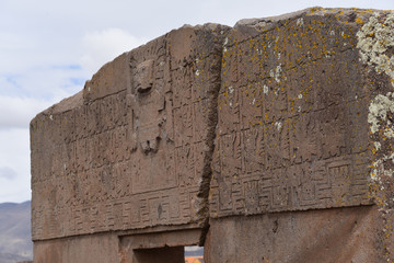 Close-up of elaborate stone carvings and reliefs on the Puerta de Sol (Gateway of the Sun), at the Tiwanaku archeological site, near La Paz, Bolivia.