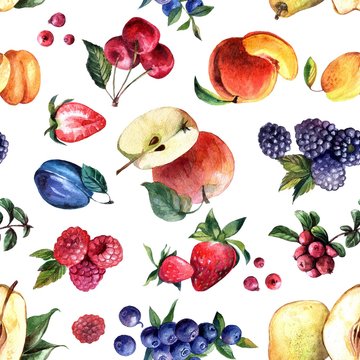 Beautiful hand drawn watercolor seamless pattern berries and fruits