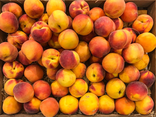 Peaches and nectarines on the counter for sale in a grocery shop.