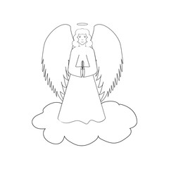 Angel on cloudy silhouette. Biblical personage. Religion symbol christmas season, holiday easter and love. Monochrome template for printed, banner, greeting card. Design element. Vector illustration.