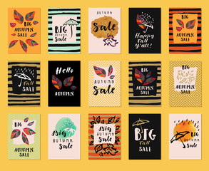 Big Autumn Sale. Happy Fall Y'all, Hello Autumn. Set of modern calligraphic compositions. Hand lettered icons