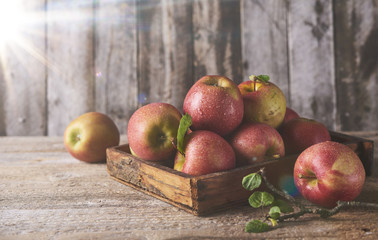 Fresh Juicy Ripe red apples on table
