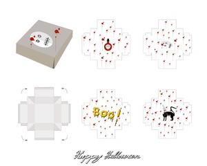 Die Cut Template Pattern of Takeaway Carton Box Mock Up for Package Design with Jack-o-Lantern Pumpkins, Evil Spiders and Witch Poison Pot for Halloween Celebration Party.