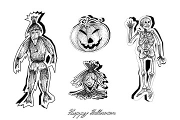 Holidays And Celebrations, Illustration Hand Drawn Sketch of Jack-o-Lantern Pumpkins, Scarecrow and Human Skeleton Isolated on White Background. Sign For Halloween Festival.