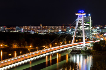 Fototapeta na wymiar View of Bratislava's UFO bridge at night