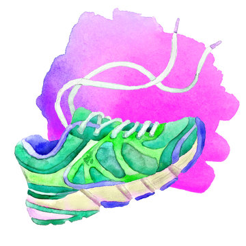 Sneakers with green laces on a pink spot painted with watercolors on a white background