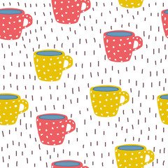 Seamless pattern with cute cups. Funny kitchen print. Vector hand drawn illustration.