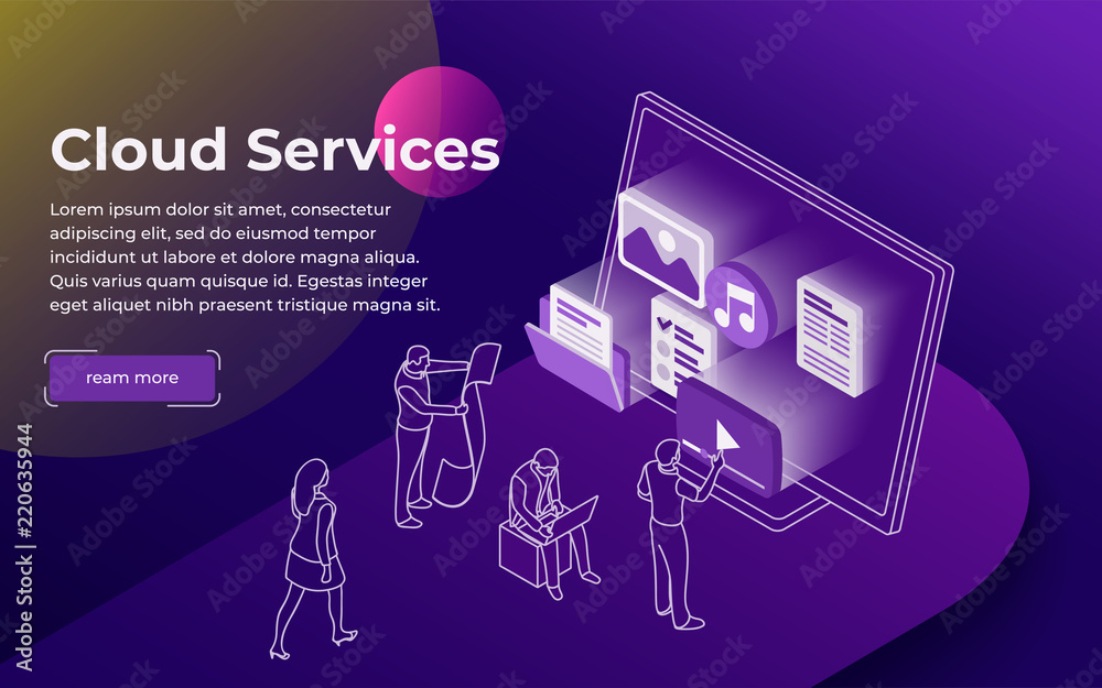 Poster cloud data storage and remote data access flat 3d isometric business concept. people stand at the op