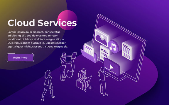 Cloud data storage and remote data access flat 3d isometric business concept. People stand at the open laptop. Professional hosting and data storage. Modern line illustration. Vector image