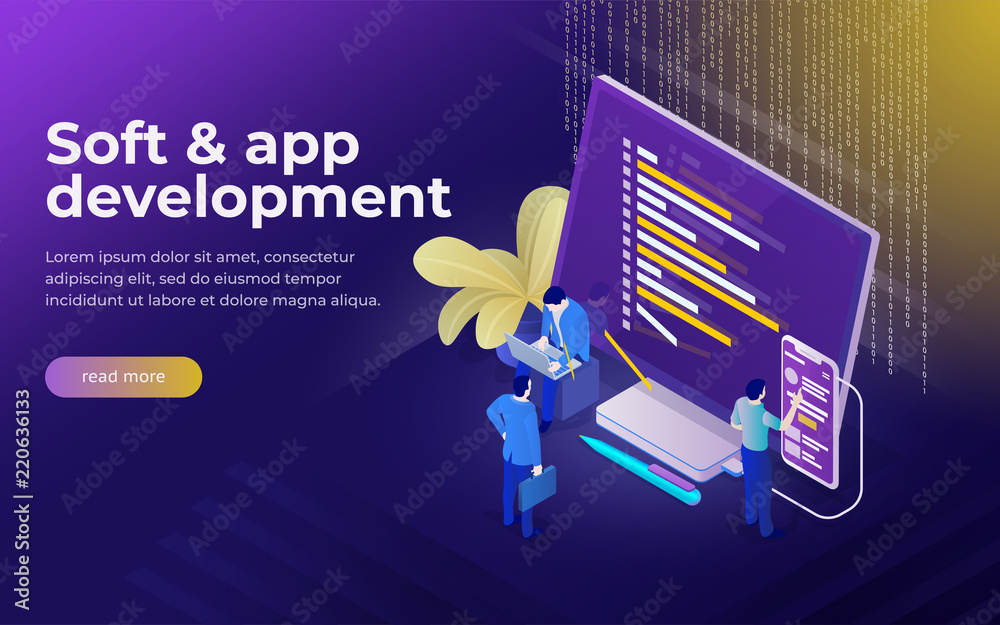 Fototapete development of software and mobile app. program code on monitor and phone screen. analysts and manag