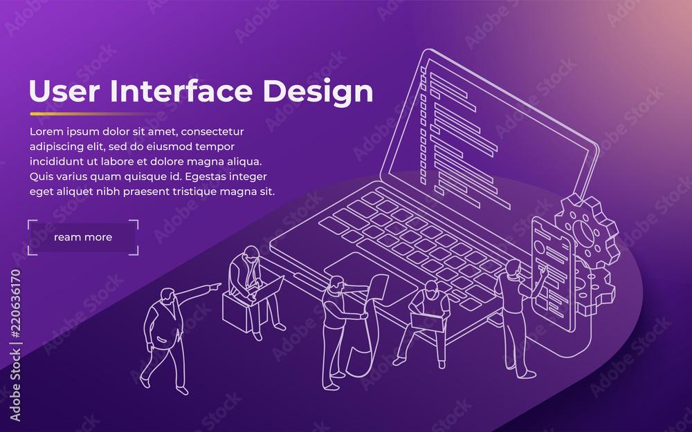 Wall mural development of the user interface. people work in a team and achieve the goal. launch a new product 