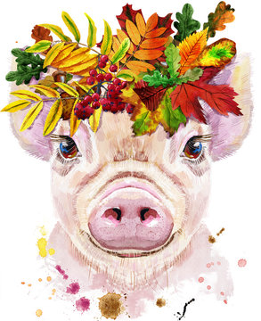 Watercolor portrait of mini pig with wreath of leaves
