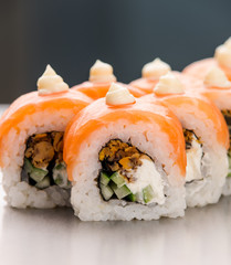 Rolls with salmon in close up