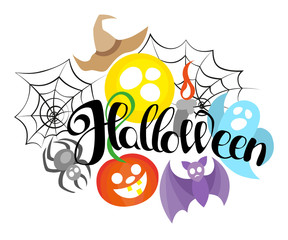 Happy Halloween, hand drawn lettering. Text banner or background for Halloween, hand written illustration.