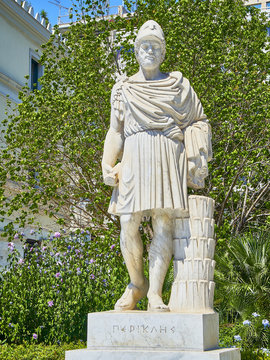 Statue Of Pericles At The Athinas Street Of Athens. Attica, Greece.