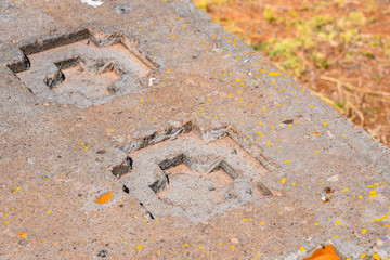Elaborate stone carving in megalithic stone at Puma Punku, part of the Tiwanaku archaeological complex, a UNESCO world heritage site near La Paz, Bolivia.