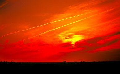 Panoramic Surreal landscape bloody sky With horizon line