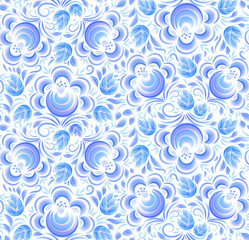 Fototapeta na wymiar Blue painted flowers ornament in Russian gzhel style vector seamless pattern