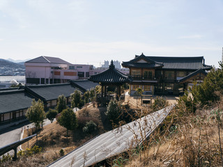 Fototapeta na wymiar Asian houses in residential quarter of Yeosu city. South Korea
