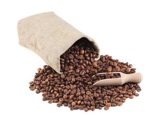 Coffee beans in burlap sack on white background
