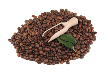 Coffee beans with scoop on white background