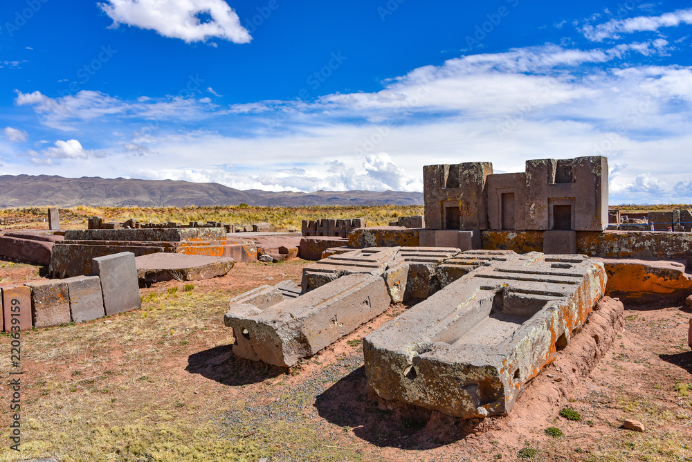 Wall mural elaborate carving in megalithic stone at puma punku, part of the tiwanaku archaeological complex, a 