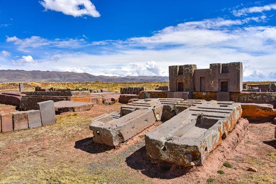 Elaborate carving in megalithic stone at Puma Punku, part of the Tiwanaku archaeological complex, a UNESCO world heritage site near La Paz, Bolivia.