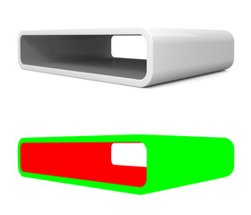 Modular 3D rendered shelves for product placement. Elongated white element with grey inner space and shadow, on white background.With RGB mask