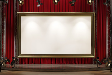 A large picture frame on the theater stage with red velvet curtains. Space for text. 