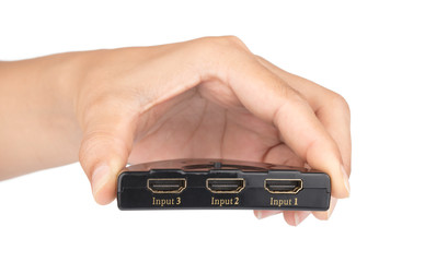 hand holding HDMI Switch Intelligent Auto Switcher isolated on white background
