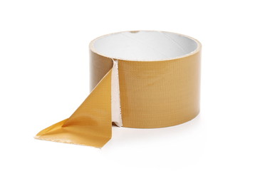 Empty cardboard duct, repair tape roll isolated on white background